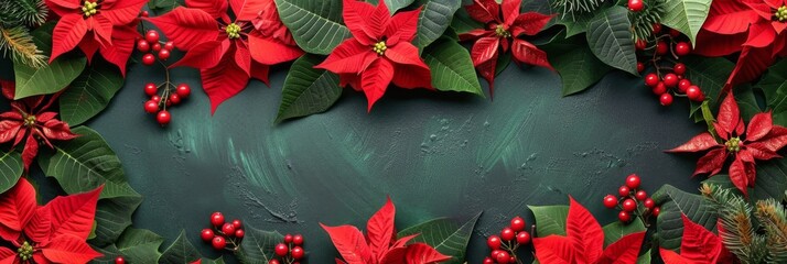 Christmas decoration. Frame of red poinsettia flowers and Christmas tree branches