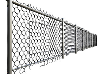 Long stretch of chain link fence in perspective view. Isolated on a transparent background