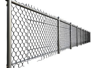 Long stretch of chain link fence in perspective view. Isolated on a transparent background