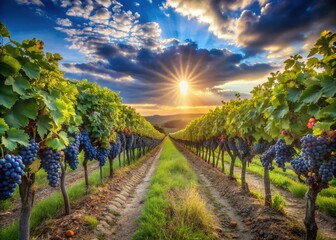 Naklejka premium Sun-drenched vineyard rows stretch towards the horizon, laden with luscious blue grapes, as a faint trail hints at a recent passerby's gentle stroll.