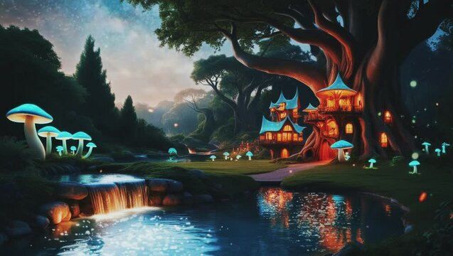 The breathtaking view of the bioluminescent mushroom-surrounded treehouse and the beauty of the waterfall, seamless looping 4k animation video background