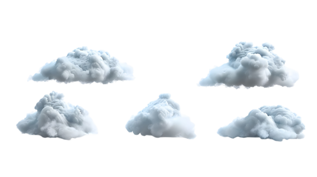 Set of 3D rendered clouds with different shapes and sizes Isolated on a transparent background