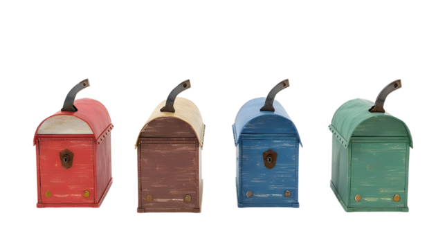 Collection of colorful vintage mailboxes with unique designs Isolated on a transparent background