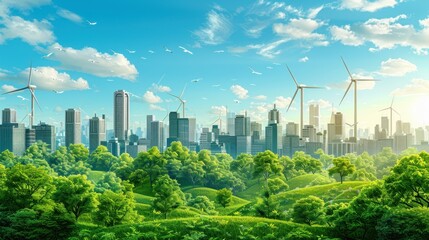 Obraz premium Urban harmony: Wind turbines blend with skyscrapers and verdant hills under a serene blue sky, epitomizing eco-friendly city living. 