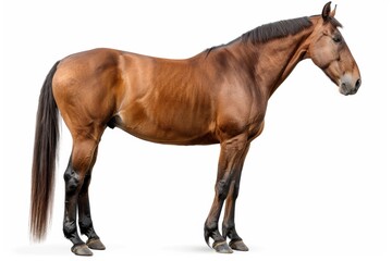 Fototapeta premium Horse with brown coat, standing in full length, isolated on a white background, minimalistic composition