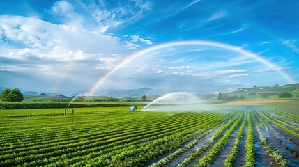 Rainbow over Green Field with Sprinklers.