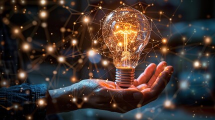 A close-up of person holds a glowing digital light bulb in their hand, symbolizing innovation and technology, with interconnected network lines in the background. 
