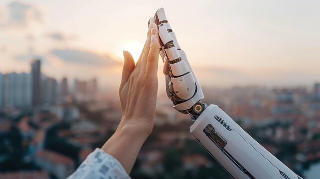 Cityscape frames a high-five between human and robotic hands, illustrating sustainable innovation and synergy between humans and technology.
