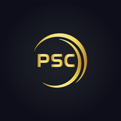 PSC logo. P S C design. White PSC letter. PSC, P S C letter logo design. P S C letter logo design in GOLD, GOLDEN LOGO, THREE, style. letter logo set in one artboard. P S C letter logo vector design.