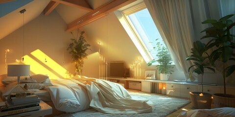 A cozy attic bedroom with sloped ceilings and skylights, showcasing creative use of space in home design