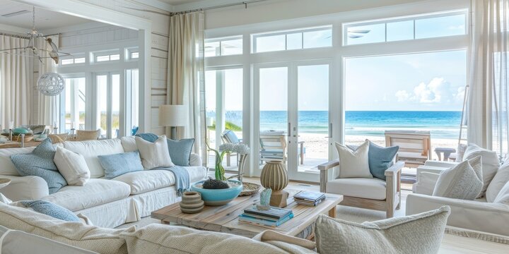 A beach house living room with coastal decor and ocean views, epitomizing relaxed coastal living