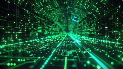 Obraz premium Vibrant Green Digital Circuit Board Tunnel with Flowing Data Lights