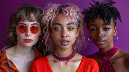 Fototapeta premium Group portrait of diverse women against a purple background