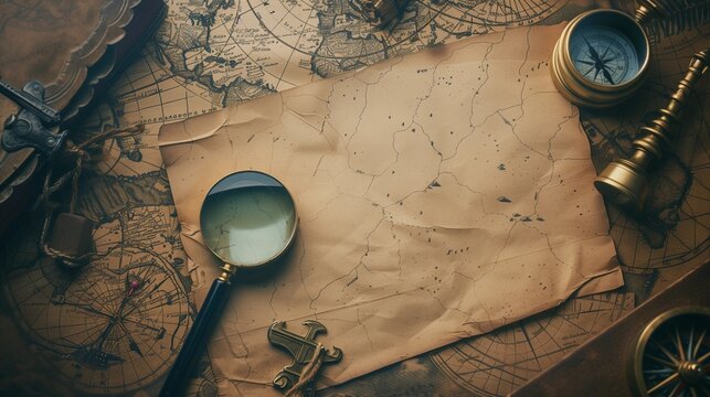 Old maps with marine equipment like compass, magnifier or hourglass and blank vintage card for your inscript. Columbus Day concept.