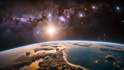 A magnificent view of the sun rising over the Earth, with a backdrop of the Milky Way galaxy, illustrating the beauty and vastness of space.