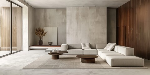 A sleek, modern living room with minimalistic furniture, neutral colors, and clean lines, showcasing the elegance and simplicity of minimalist interior design
