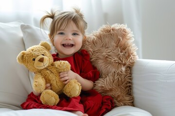 Cute little girl in a red dress smiling and holding a teddy bear, sitting on a white couch, soft natural light from the window.