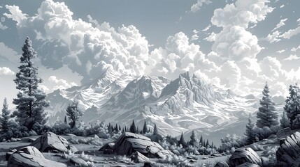 Detailed engraving of mountain range with rock formations and trees, crafting a majestic natural setting