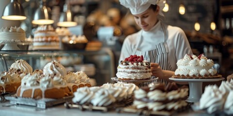 A passionate baker decorating cakes and pastries in a charming bakery, showcasing the artistry and craftsmanship of small-scale baking