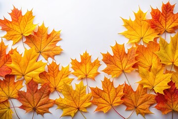 Vibrant orange and yellow maple leaves arranged artfully on a clean white background, perfect for adding text, with ample negative space for design flexibility.