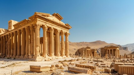 Obraz premium Ancient ruins under a clear blue sky, with detailed stonework visible