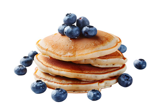 Stack of pancakes with blueberries and syrup. Isolated on a transparent background