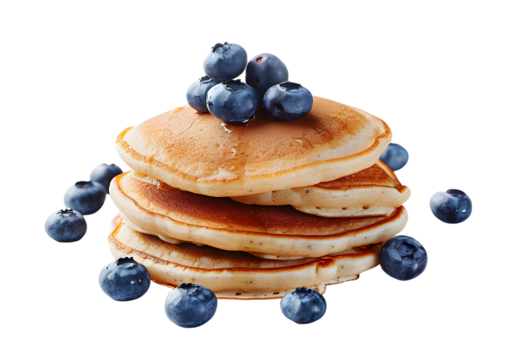 Stack of pancakes with blueberries and syrup. Isolated on a transparent background