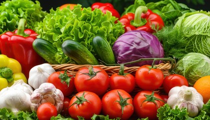 Fresh Vegetables, Garden-Fresh Flavorful Ingredients, Natural Goodness A Vibrant Assortment of Tomatoes, Peppers, Cucumbers, Cabbage, Garlic, and Lettuce for Delicious and Healthy Meals Get Your