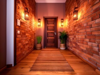 Warm Wooden Entrance with Vintage Decor and Cozy Lighting, Rustic Brick Walls and Historic Surfaces Create a Charming Atmosphere