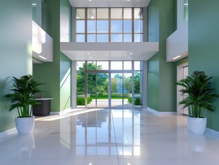 Obraz premium Modern Foyer Design with Glass Walls and Metallic Accents, Green Walls, Decorative Entrance, Sophisticated Interior
