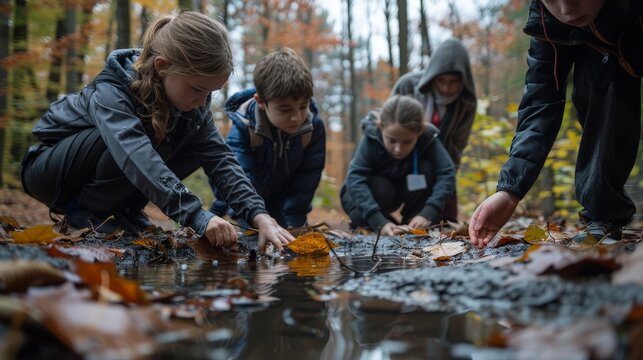 In an outdoor classroom set in a nature reserve, students are engaged in environmental science activities