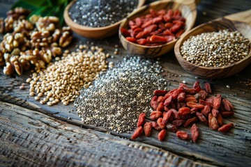 Naklejka premium Various superfoods such as goji berries, chia seeds, quinoa, and nuts, neatly arranged on a wooden surface