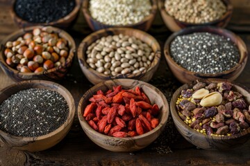 Assortment of superfoods in wooden bowls, including seeds and goji berries