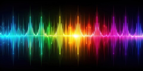 Vibrant colorful audio wave visualization of voice recording undulating on black background with soundwaves and music equalizer audio spectrum effects in UHD 4K 30fps.