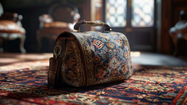 high-resolution, ultra-realistic, 4K, cinematic image of a carpet bag 