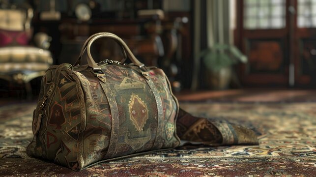 high-resolution, ultra-realistic, 4K, cinematic image of a carpet bag