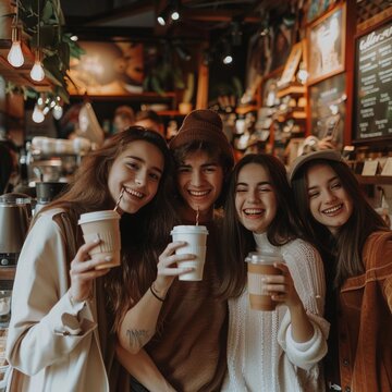Group of friends share in a coffee shop on world coffee day