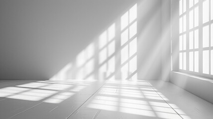 Fototapeta premium White studio background with shadows for product presentation. Minimalistic light beige background with window shadow. white studio background, product presentation background, shadows for product.