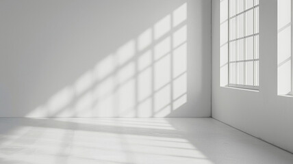 White studio background with shadows for product presentation. Minimalistic light beige background with window shadow. white studio background, product presentation background, shadows for product.