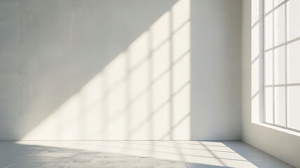 Fototapeta premium White studio background with shadows for product presentation. Minimalistic light beige background with window shadow. white studio background, product presentation background, shadows for product.