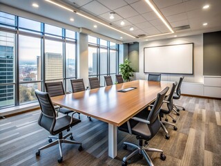 Professional empty conference room with whiteboard in background, awaiting a mixed race business consultant's expertise, conveying confidence and humility through vacant space.