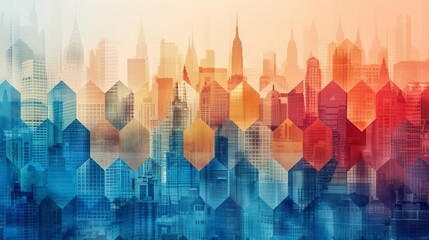 Abstract city skyline with gradient colors transitioning from blue to orange, showcasing modern buildings and urban architecture.