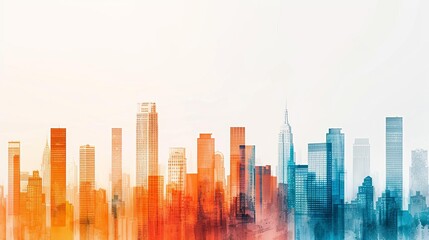 Abstract city skyline with vibrant blue and orange hues, blending seamlessly to depict modern urban architecture in an artistic manner.