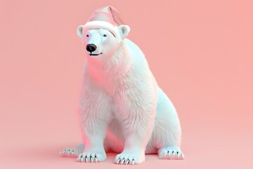 3D render of Polar bear wearing a pastel-colored Santa hat on a pastel pink background. very detailed