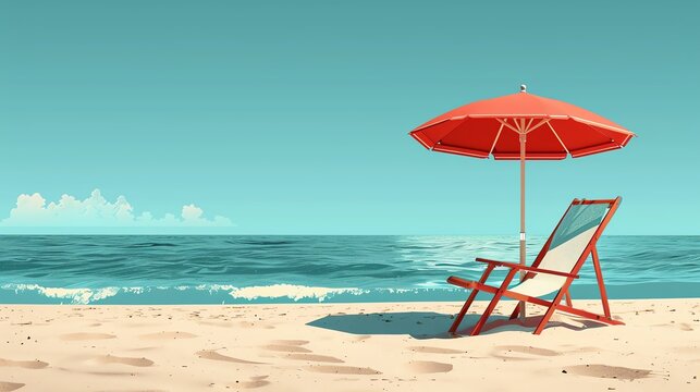 Serene beach scene with a red umbrella and deck chair on sandy shore under a clear blue sky, waves gently rolling in.