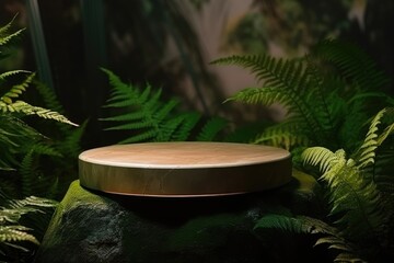 Podium pedestal in tropical forest garden green plant.