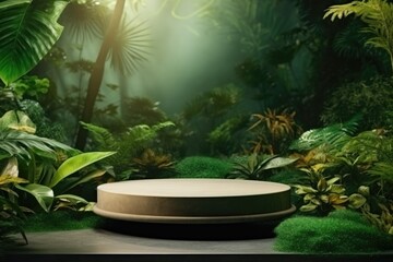 Podium pedestal in tropical forest garden green plant.