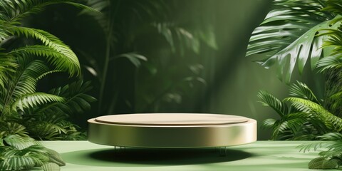 Podium pedestal in tropical forest garden green plant.