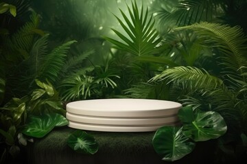 Podium pedestal in tropical forest garden green plant.