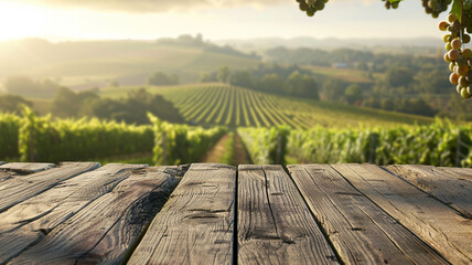 Wooden Tabletop Foreground Blurred Grapevines Rustic Vineyard Scene Background. wooden tabletop, blurred grapevines, rustic vineyard scene, vineyard background, wooden table, vineyard setting,